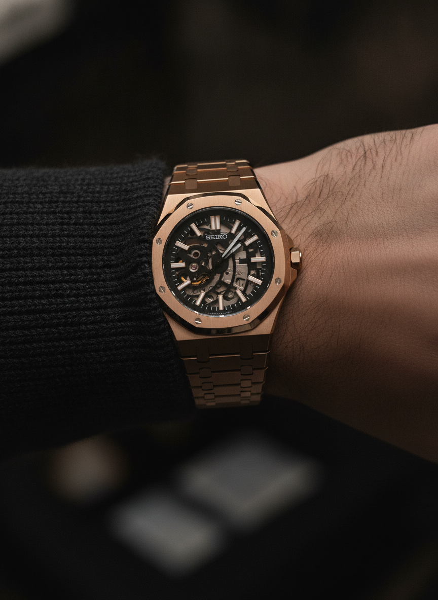 Montre Seiko Mod SEIKOAK squelette rose edition speciale portée au poignet