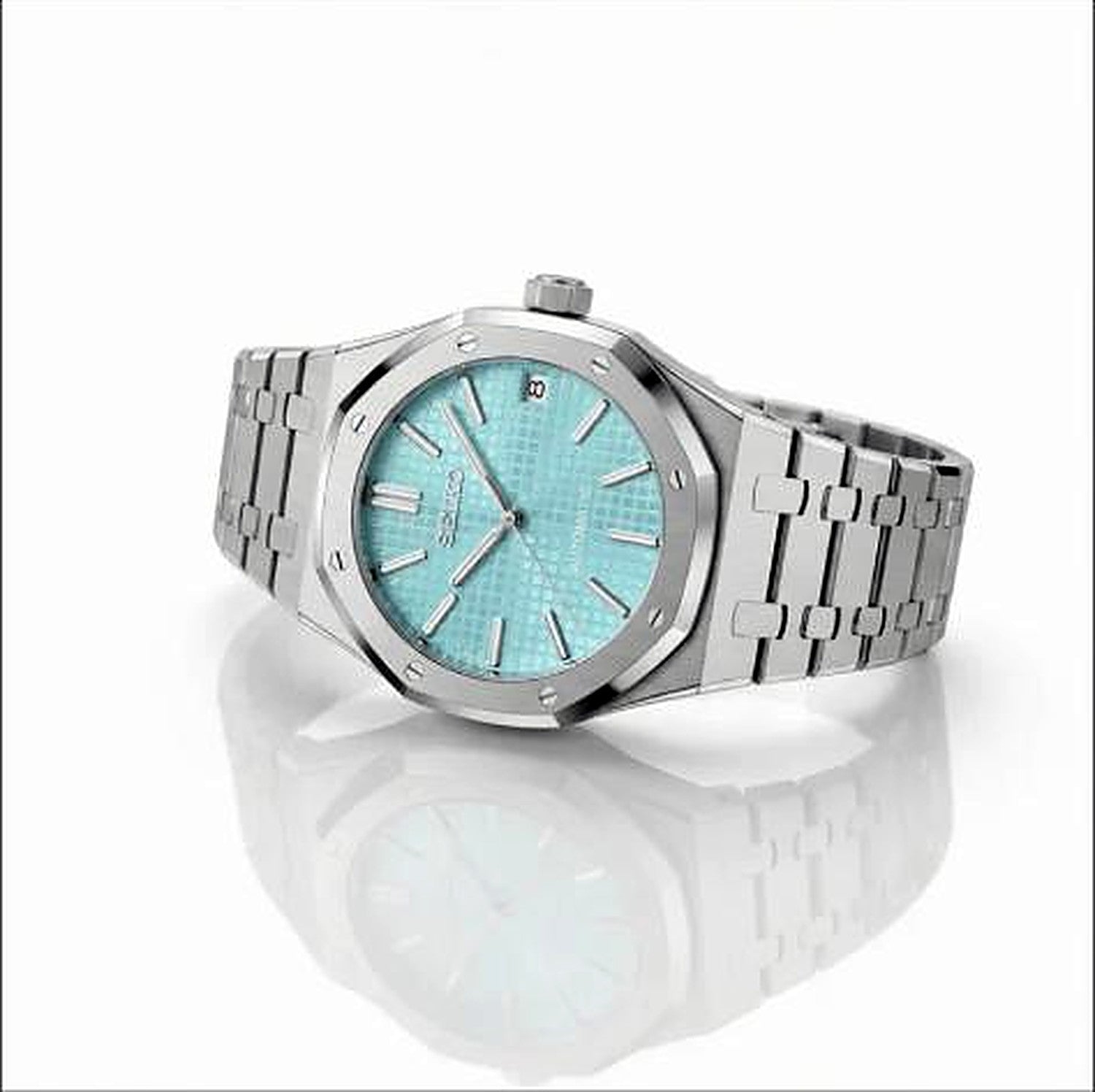 SEIKOAK Tiffany — vue 3/4 boîtier octogonal cadran tiffany bleu glacier — Seiko mod SEIKOAK Time2Seiko