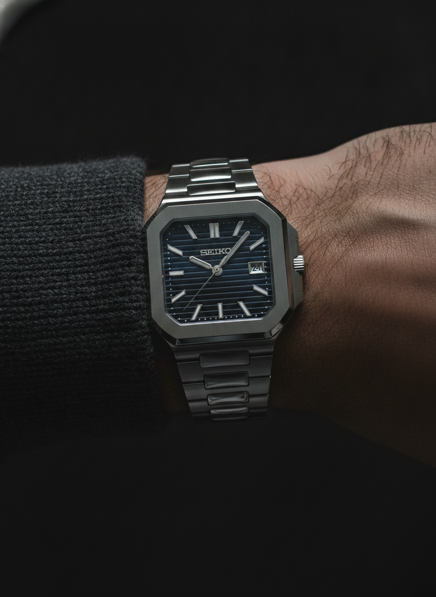 Montre Seiko Mod SEIKOCUB noire portée au poignet
