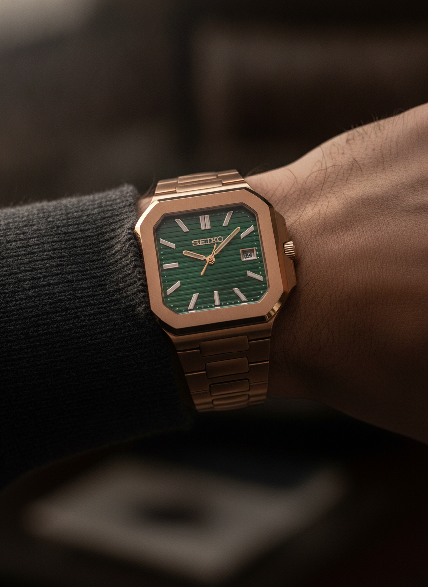 Montre Seiko Mod SEIKOCUB or rose verte portée au poignet