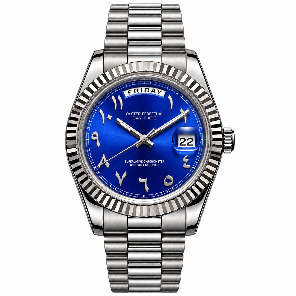 SEIKODATE arabic bleu Klein — montre automatique cadran bleu électrique à chiffres arabes, bracelet Président acier