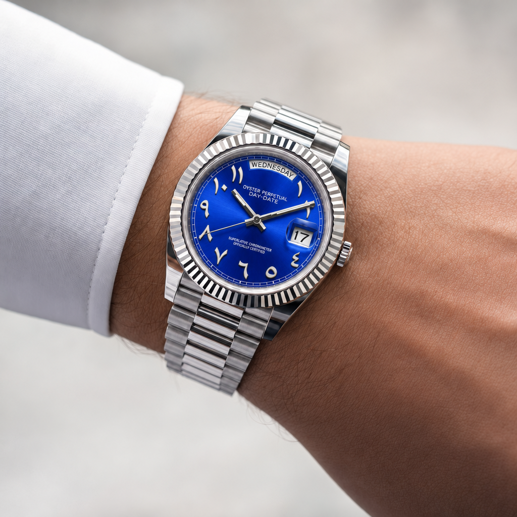 SEIKODATE arabic bleu Klein portée au poignet, cadran bleu électrique et bracelet Président acier