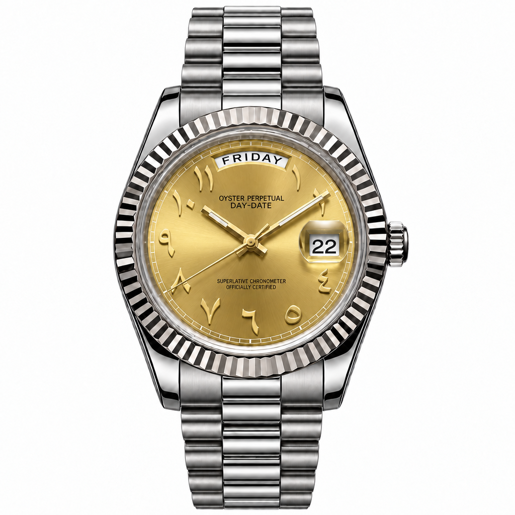 SEIKODATE arabic champagne — montre automatique cadran champagne doré à chiffres arabes, bracelet Président acier