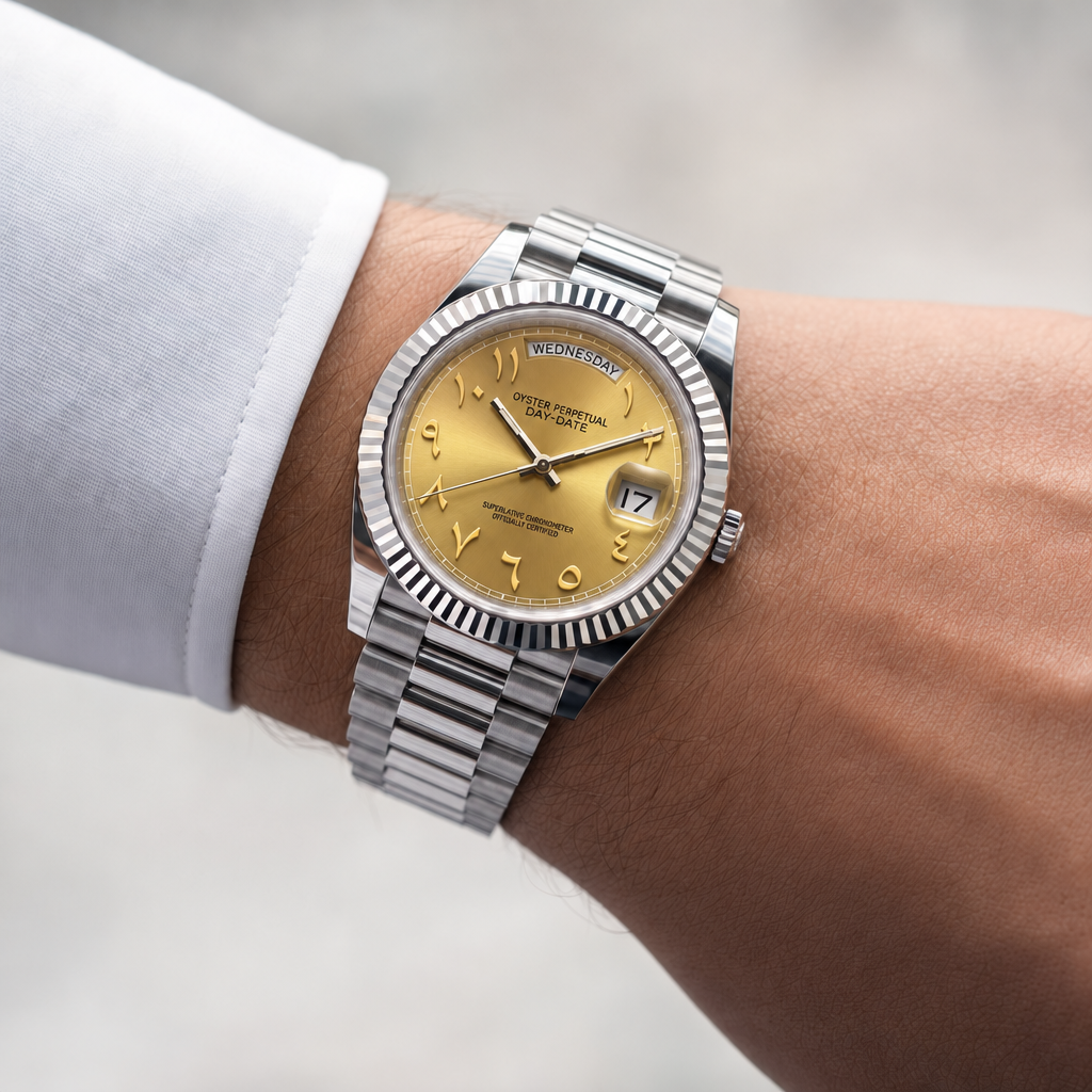 SEIKODATE arabic champagne portée au poignet, cadran champagne et bracelet Président acier