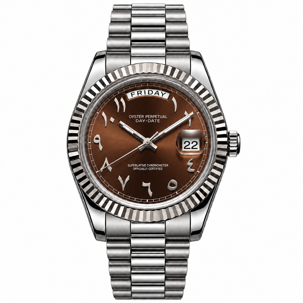 SEIKODATE arabic chocolat — montre automatique cadran brun chocolat à chiffres arabes, bracelet Président acier