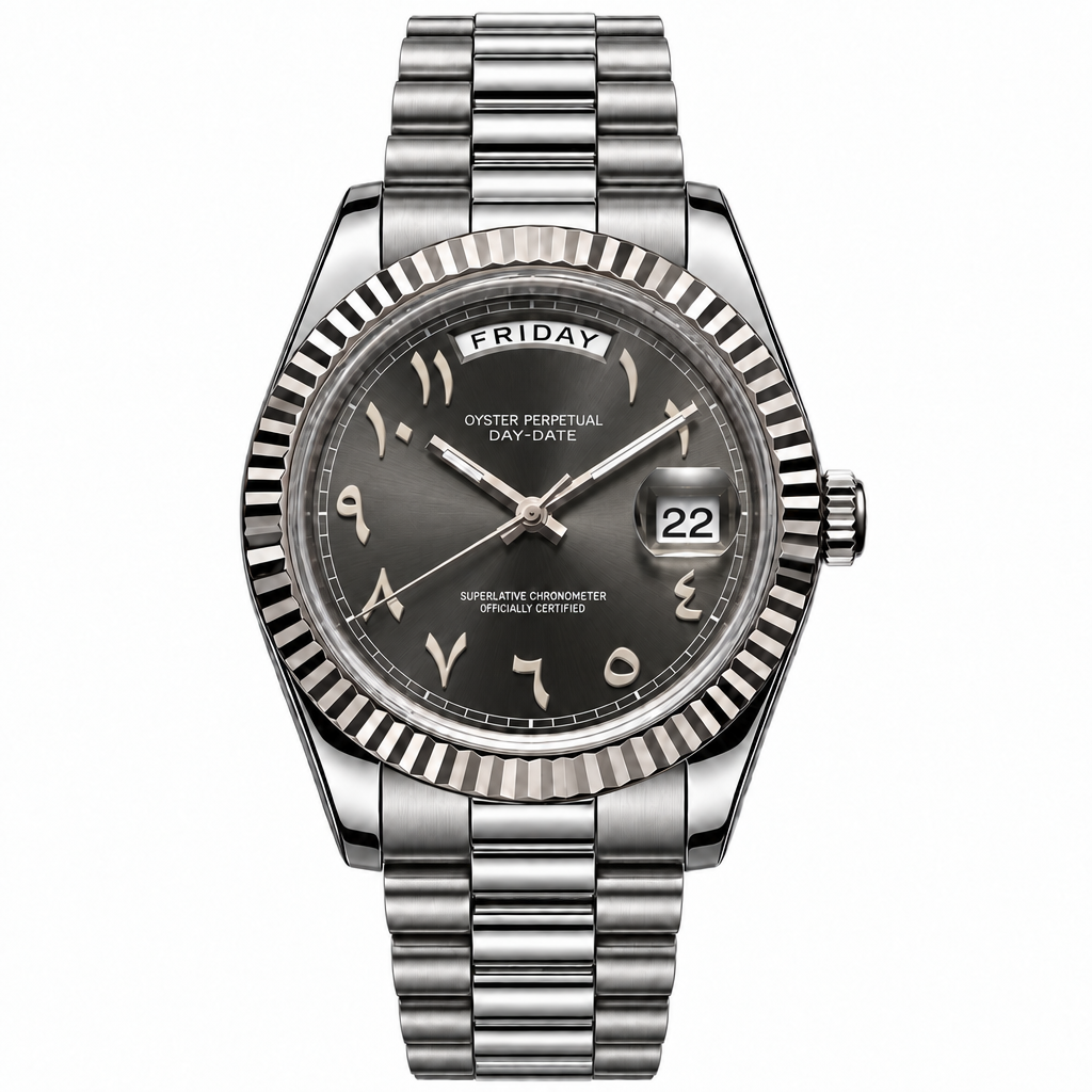 SEIKODATE arabic fumée — montre automatique cadran anthracite fumé à chiffres arabes, bracelet Président acier