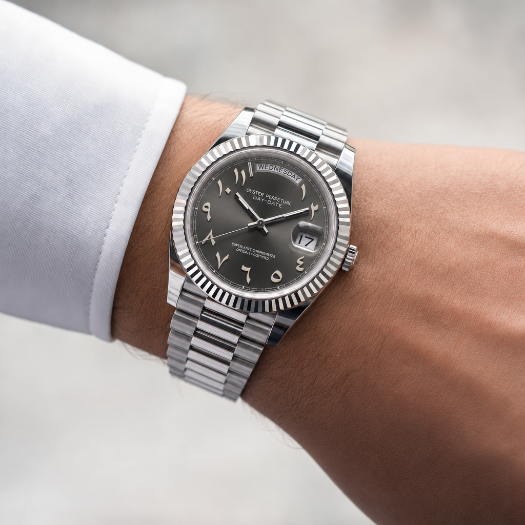 SEIKODATE arabic fumée portée au poignet, cadran anthracite et bracelet Président acier