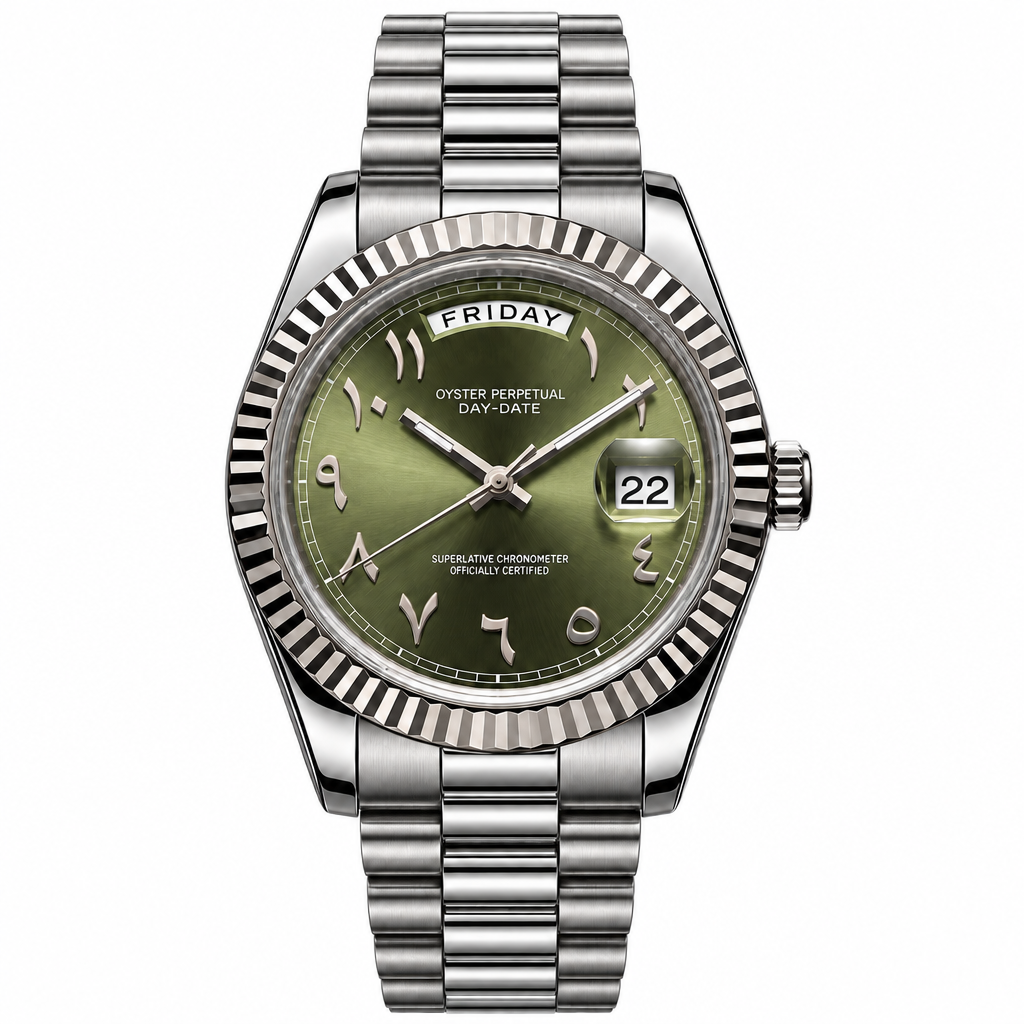 SEIKODATE arabic kaki — montre automatique cadran vert amande à chiffres arabes, bracelet Président acier