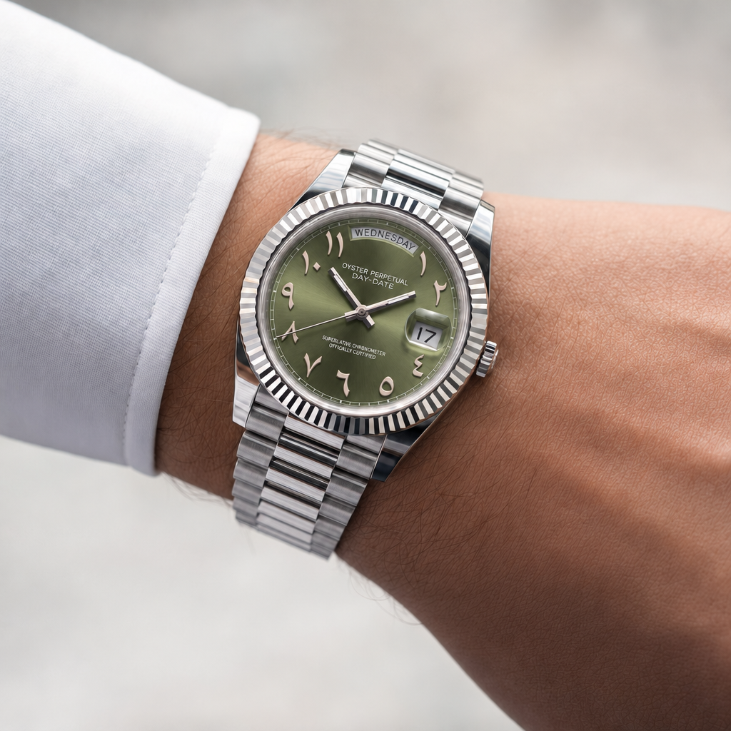 SEIKODATE arabic kaki portée au poignet, cadran vert amande et bracelet Président acier