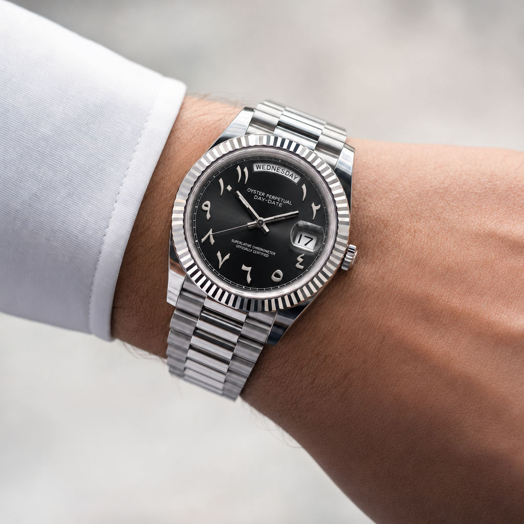 SEIKODATE arabic noire portée au poignet, cadran noir et bracelet Président acier