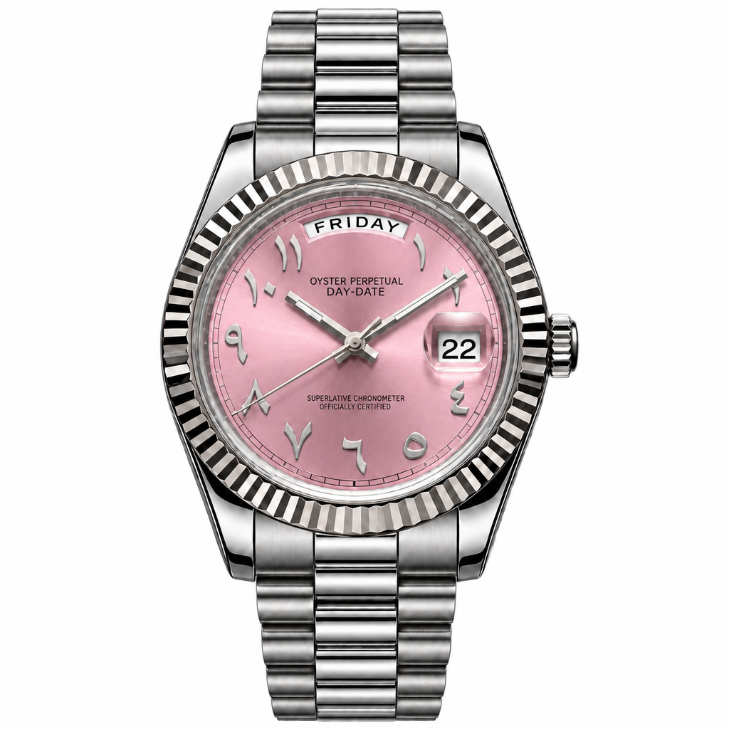 SEIKODATE arabic rose — montre automatique cadran rose poudré à chiffres arabes, bracelet Président acier