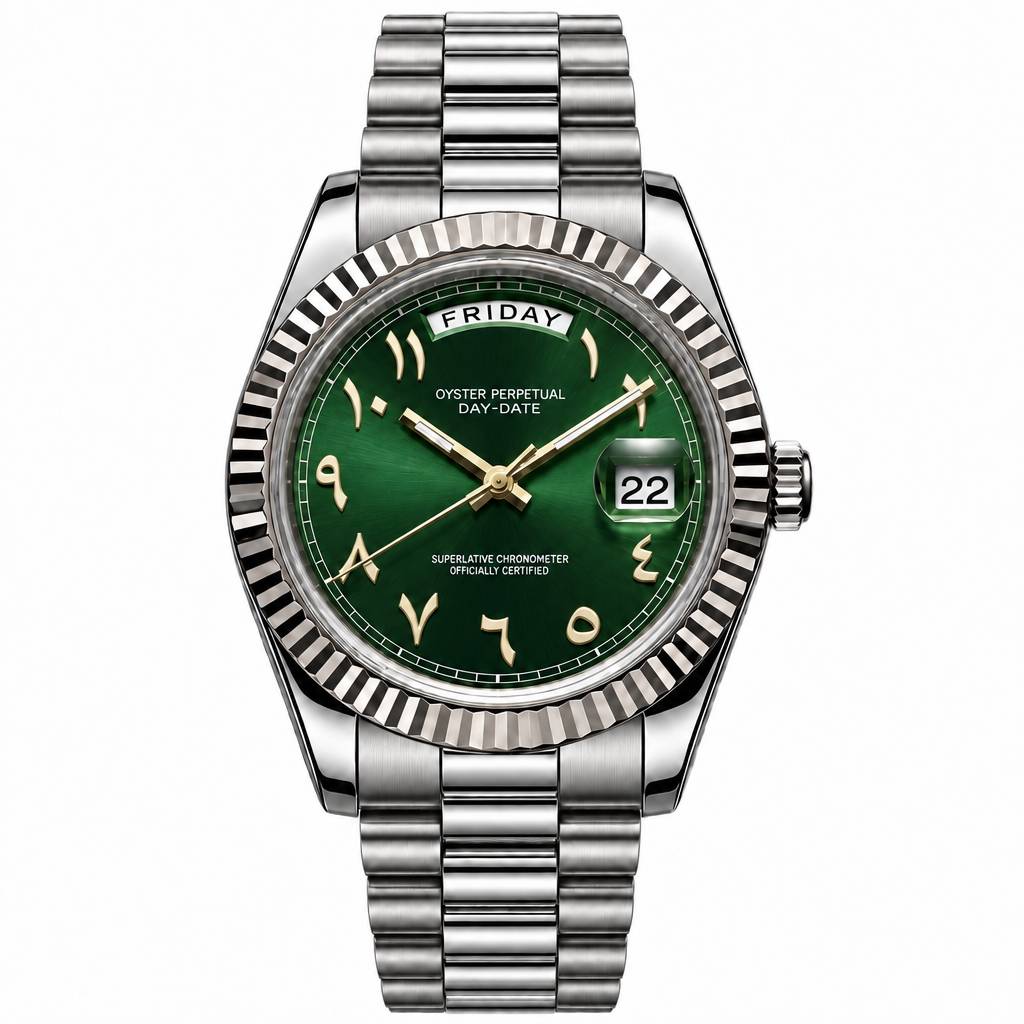 SEIKODATE arabic verte — montre automatique cadran vert sapin à chiffres arabes, bracelet Président acier