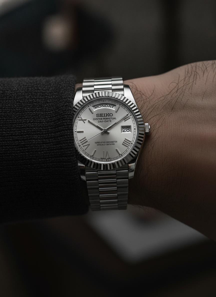 Montre Seiko Mod SEIKODATE blanche roman portée au poignet