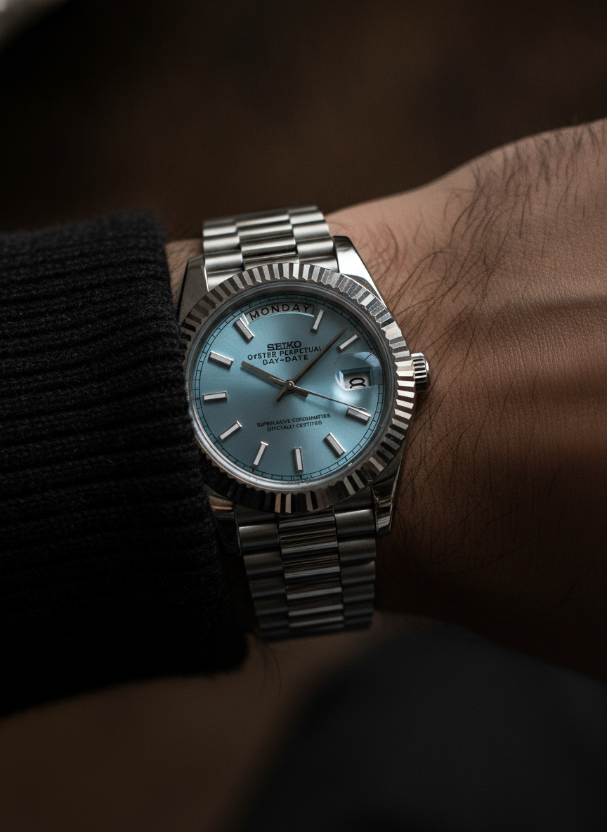 Montre Seiko Mod SEIKODATE bleu clair portée au poignet