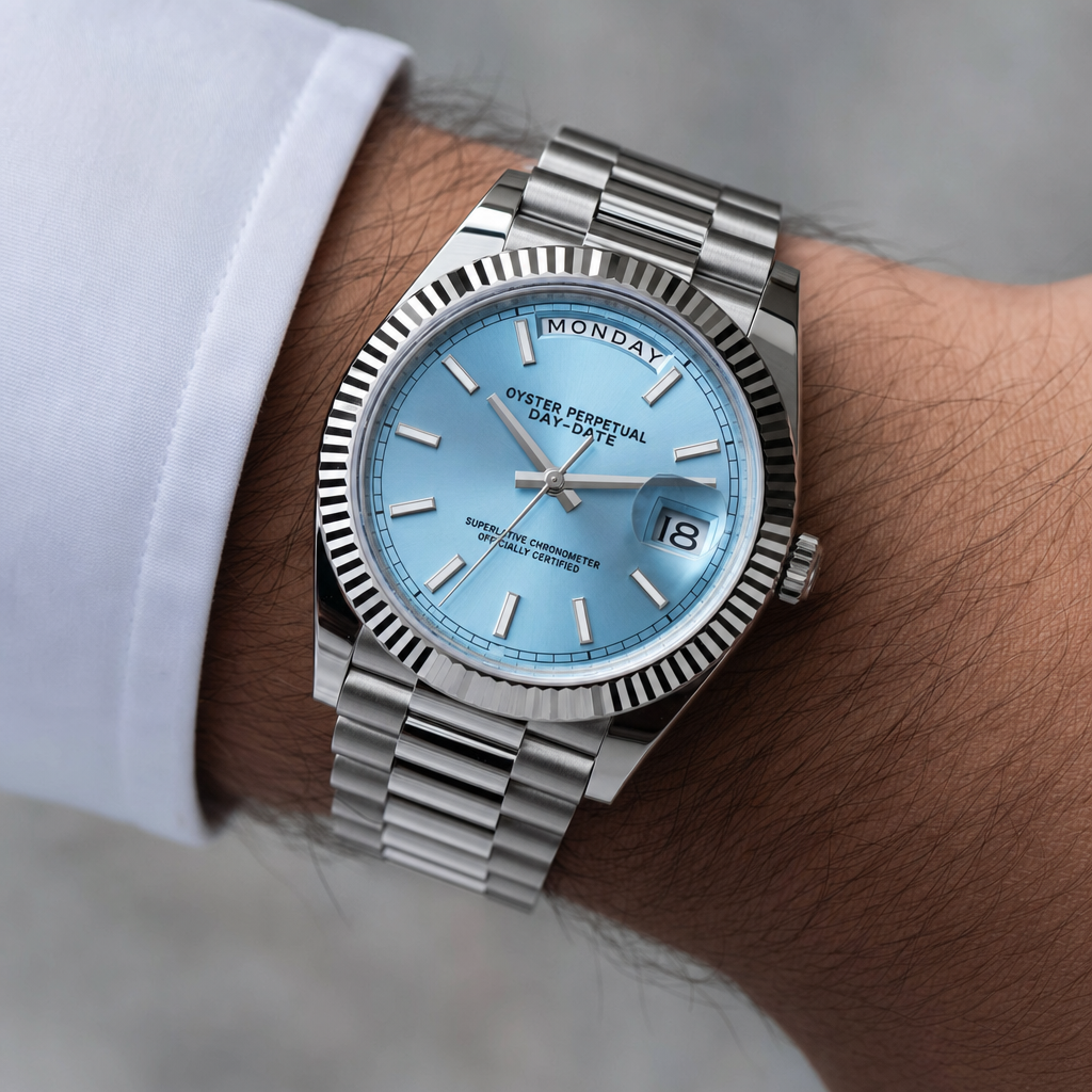 Montre Seiko mod SEIKODATE bleu clair portée au poignet — Time2Seiko