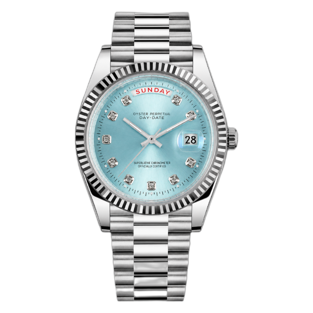 Montre Seiko mod SEIKODATE bleu glacier diamants, sur fond blanc — Time2Seiko