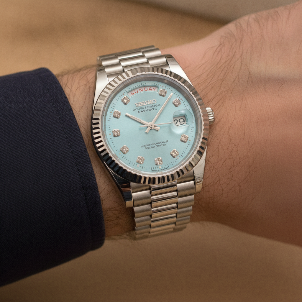 SEIKODATE bleu glacier diamants — watch worn on the wrist, President bracelet — Time2Seiko