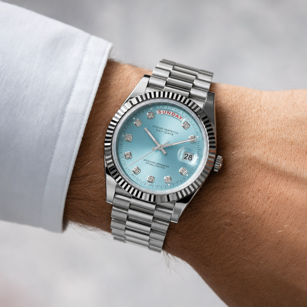 Montre Seiko mod SEIKODATE bleu glacier diamants portée au poignet — Time2Seiko