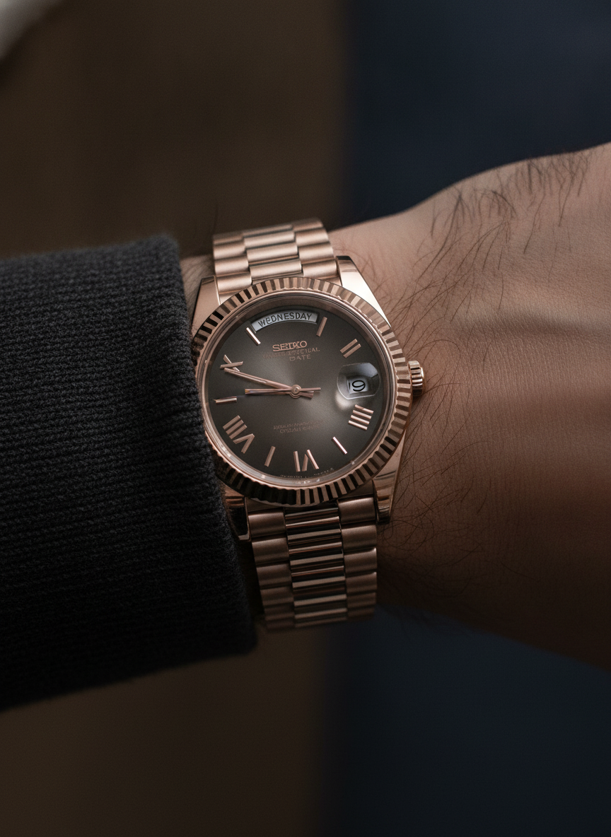Montre Seiko Mod SEIKODATE chocolat II portée au poignet