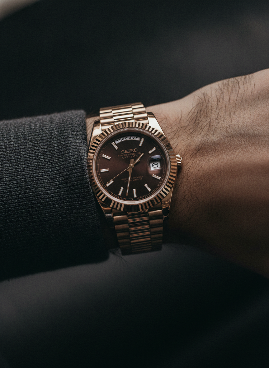 Montre Seiko Mod SEIKODATE chocolat portée au poignet