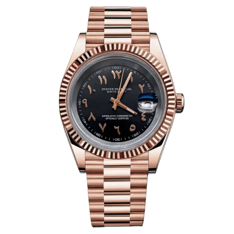 Montre Seiko mod SEIKODATE noire or rose arabic, sur fond blanc — Time2Seiko