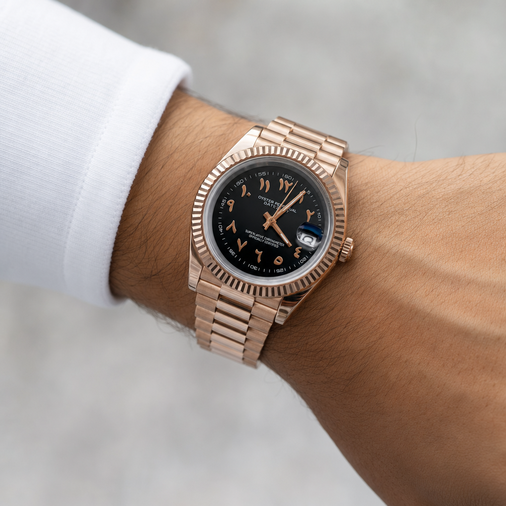 Montre Seiko mod SEIKODATE noire or rose arabic portée au poignet — Time2Seiko