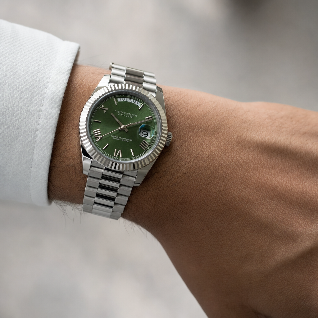 Montre Seiko mod SEIKODATE olive portée au poignet — Time2Seiko