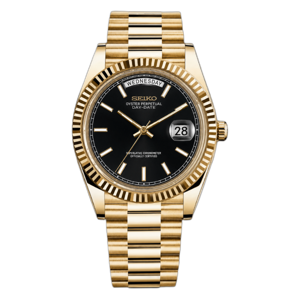 SEIKODATE or noire — cut-out packshot, yellow-gold Day-Date, black dial — Seiko mod Time2Seiko
