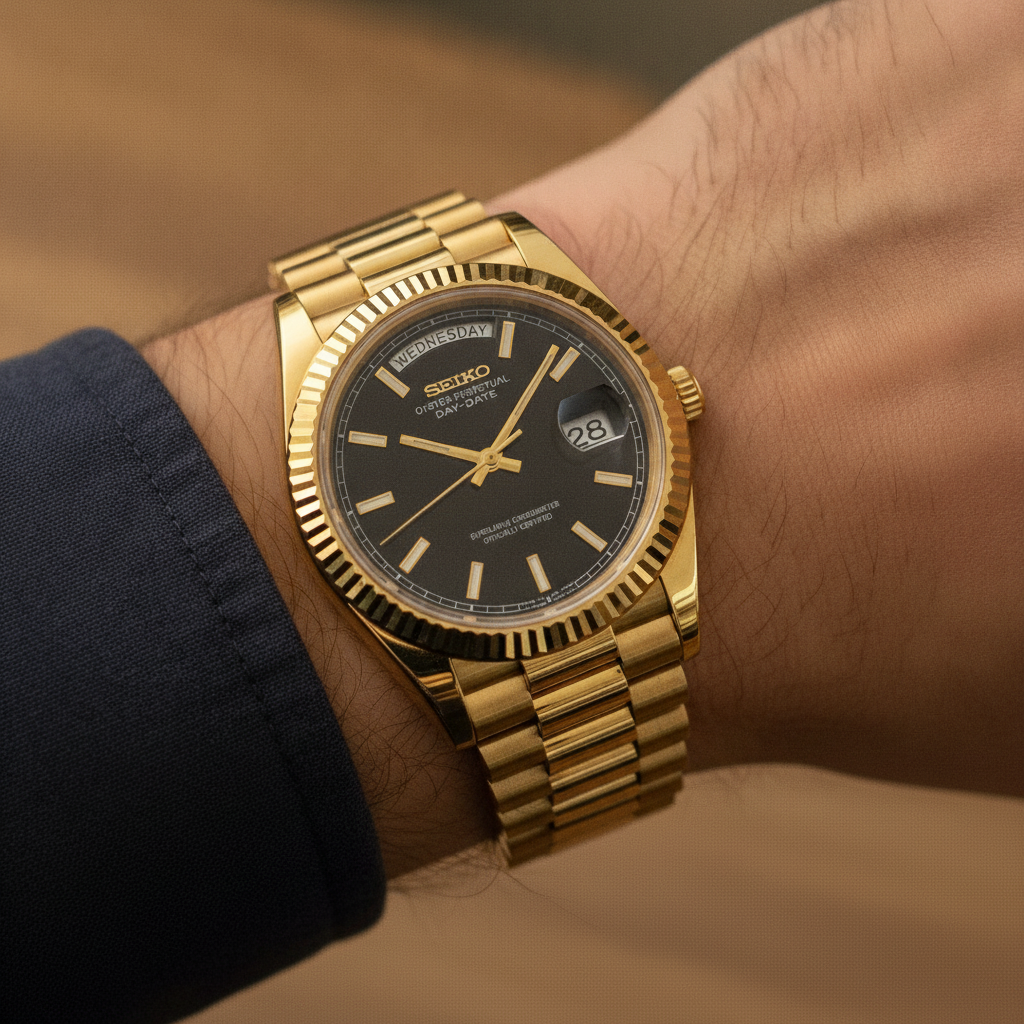 SEIKODATE or noire — watch worn on the wrist, President bracelet — Time2Seiko