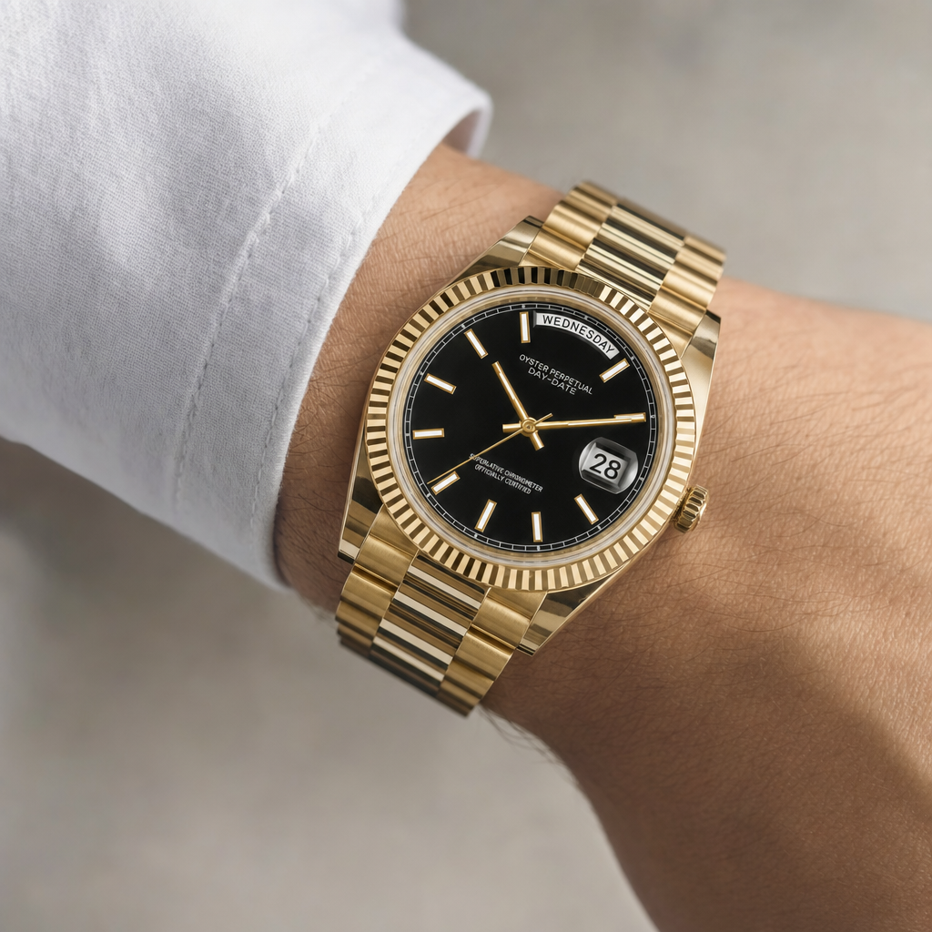 Montre Seiko mod SEIKODATE or noire portée au poignet — Time2Seiko