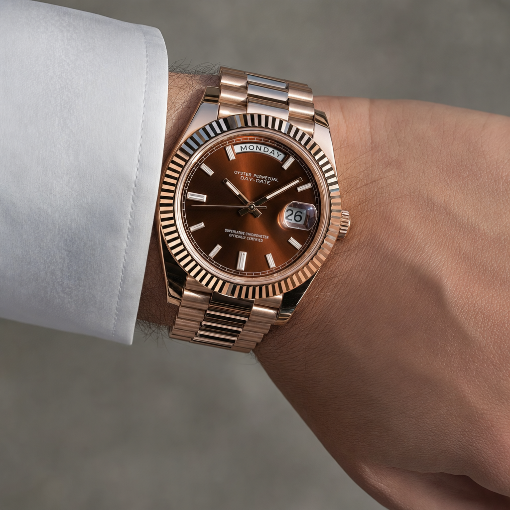 Montre Seiko mod SEIKODATE or rose chocolat portée au poignet — Time2Seiko