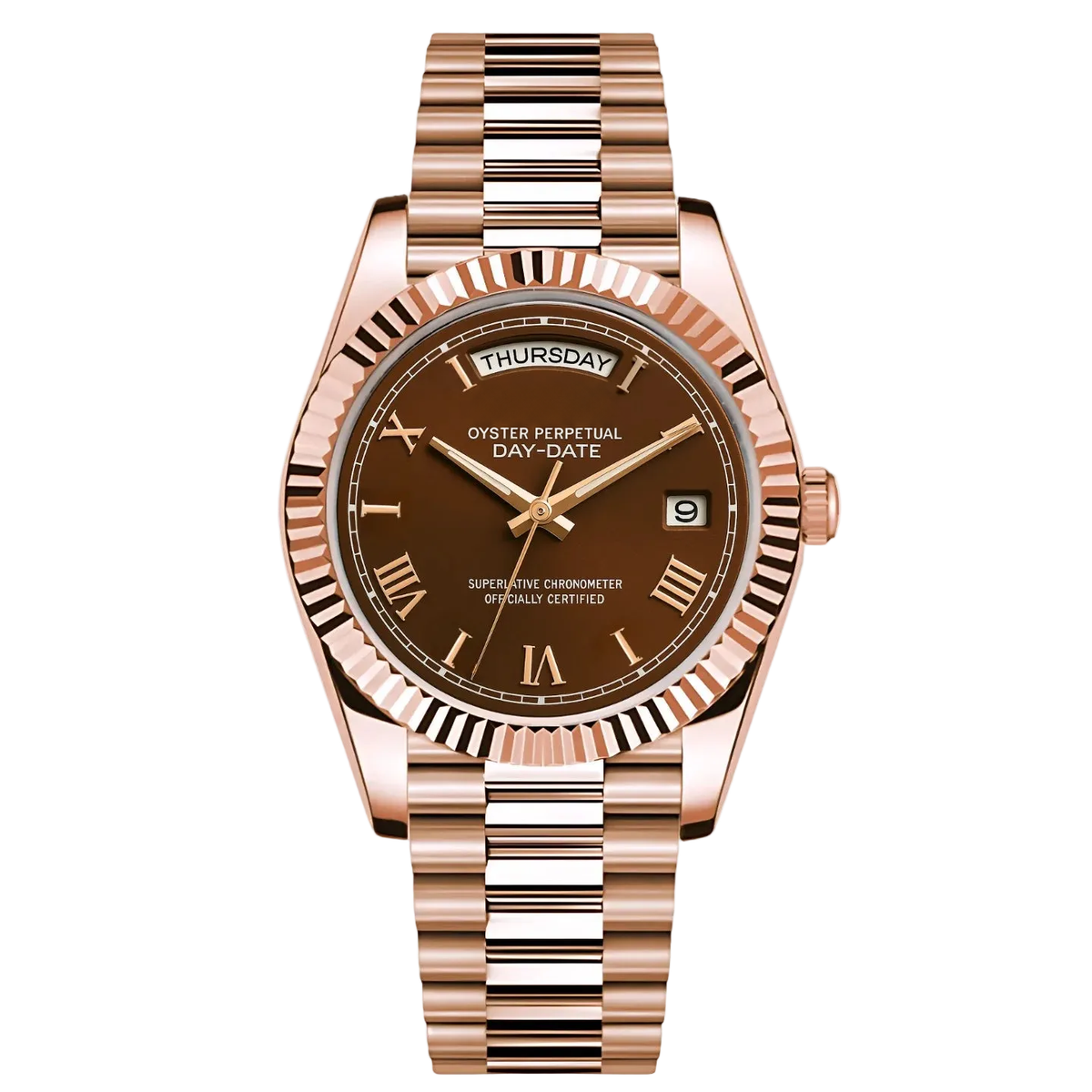 Montre Seiko mod SEIKODATE or rose chocolat roman, vue de face — Time2Seiko