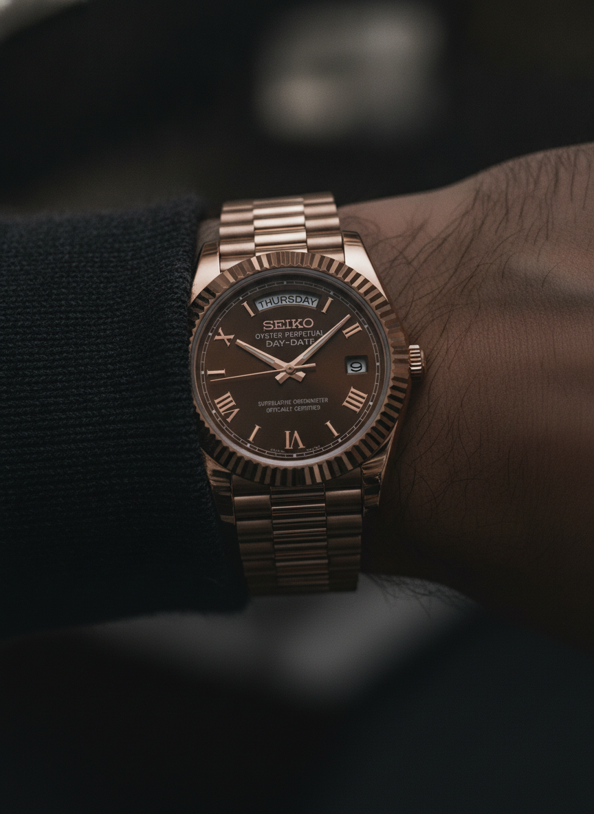 Montre Seiko Mod SEIKODATE or rose chocolat roman portée au poignet
