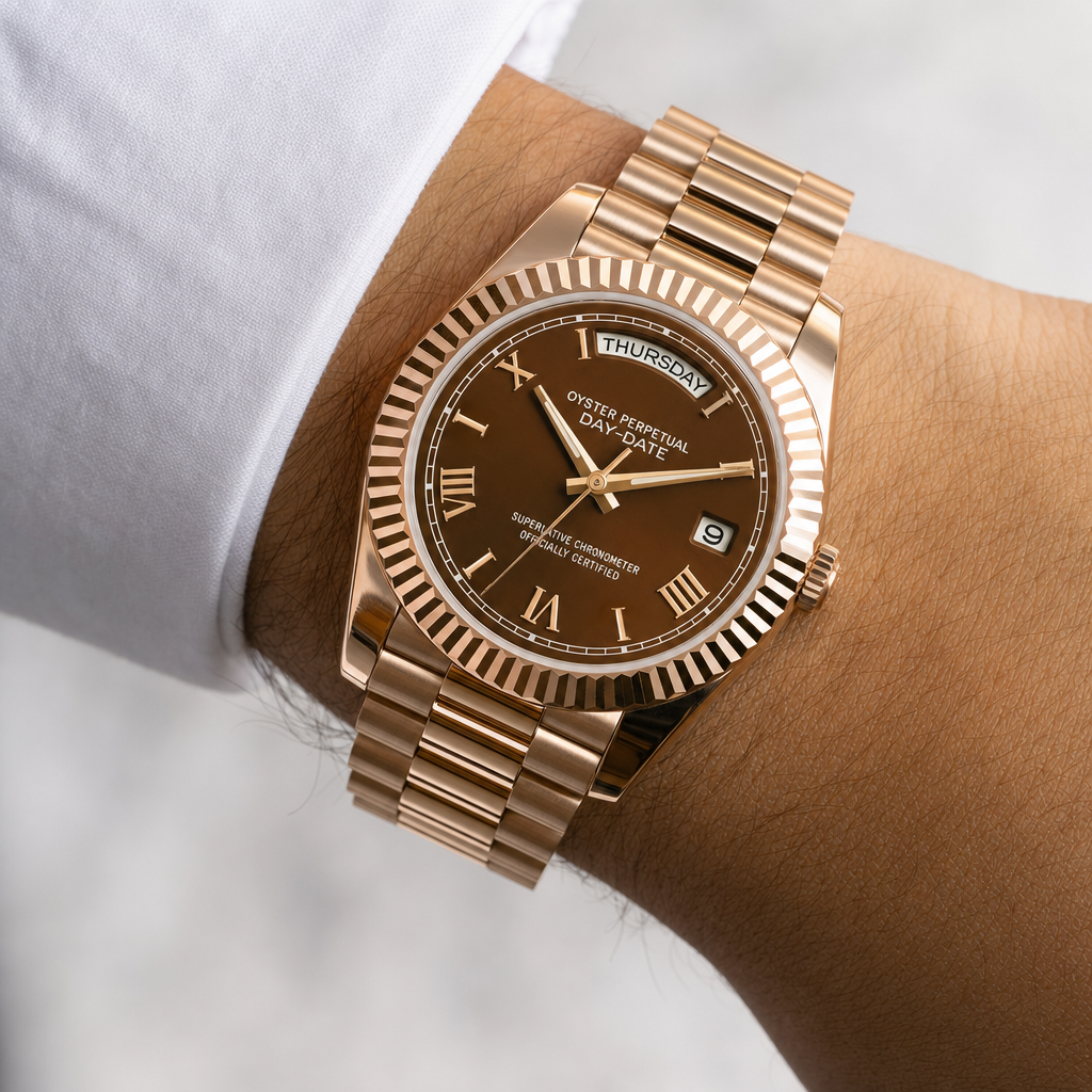 Montre Seiko mod SEIKODATE or rose chocolat roman portée au poignet — Time2Seiko