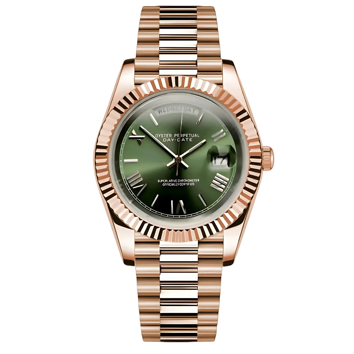 Montre Seiko mod SEIKODATE or rose olive-green roman, vue de face — Time2Seiko