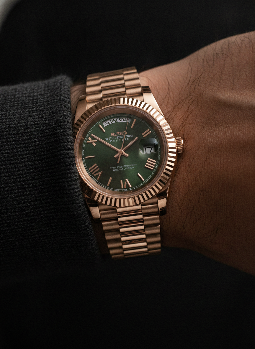 Montre Seiko Mod SEIKODATE or rose olive-green roman portée au poignet
