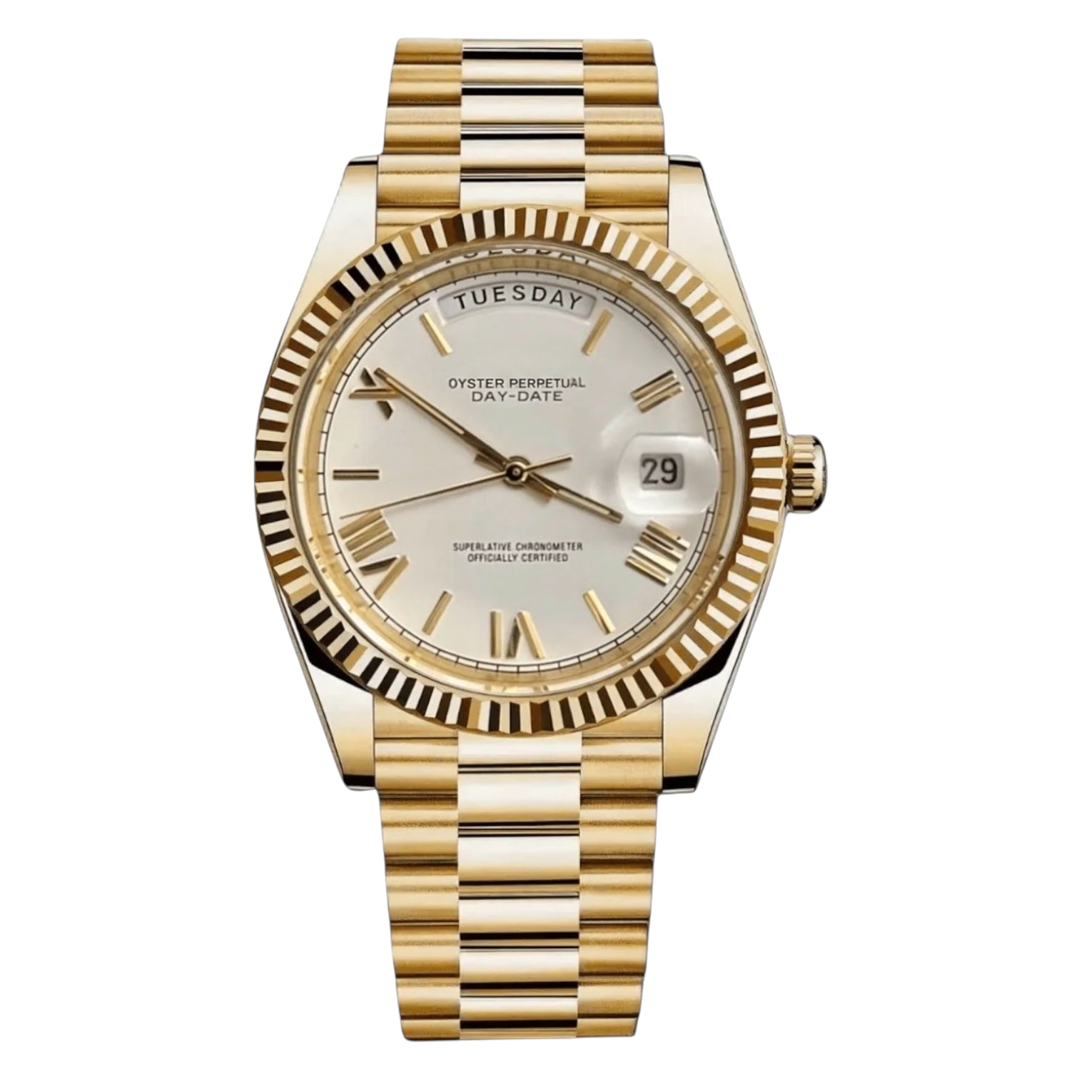 Montre Seiko mod SEIKODATE roman or blanche, sur fond blanc — Time2Seiko