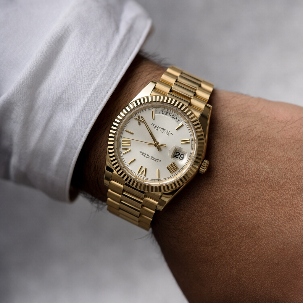 Montre Seiko mod SEIKODATE roman or blanche portée au poignet — Time2Seiko