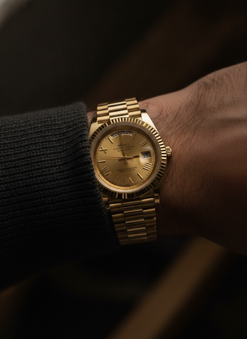 Montre Seiko Mod SEIKODATE roman or portée au poignet