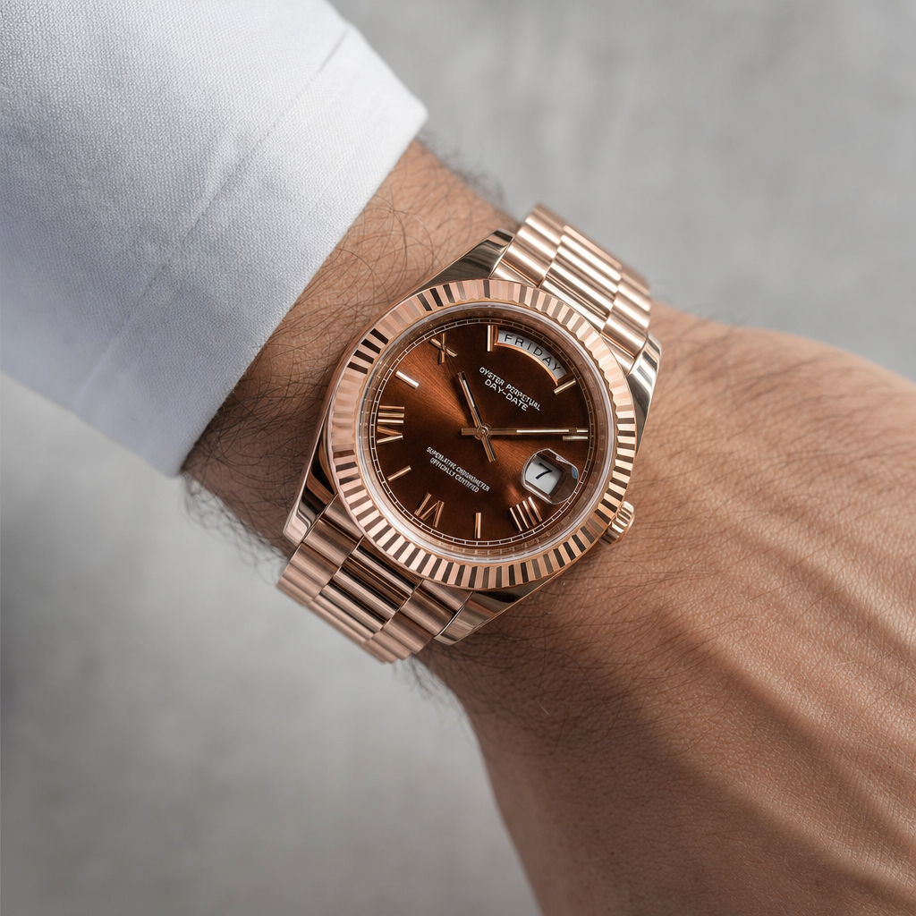 Montre Seiko mod SEIKODATE roman or rose chocolat portée au poignet — Time2Seiko