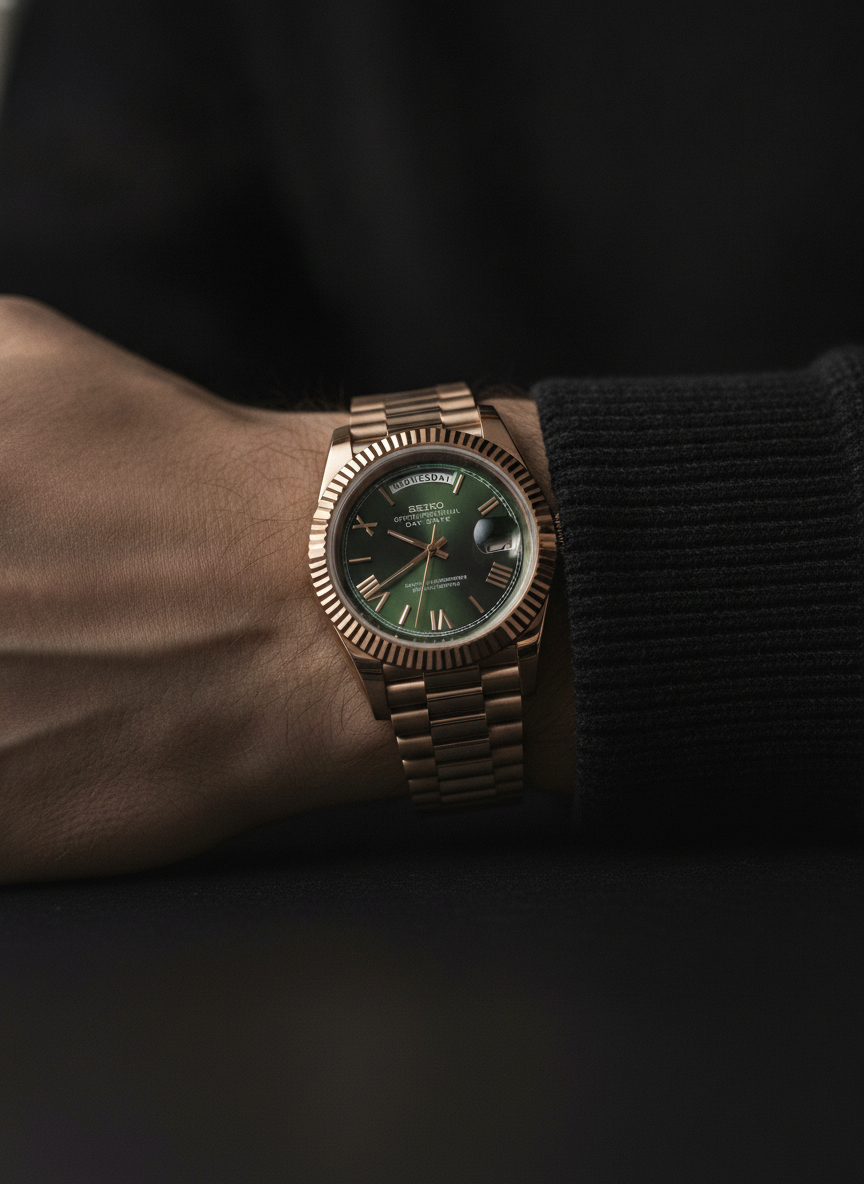 Montre Seiko Mod SEIKODATE roman or rose olive portée au poignet