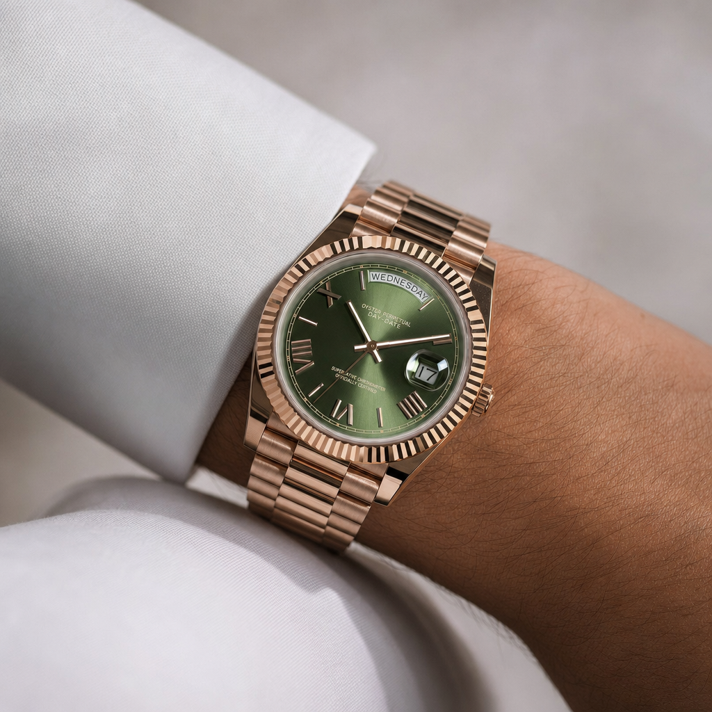 Montre Seiko mod SEIKODATE roman or rose olive portée au poignet — Time2Seiko
