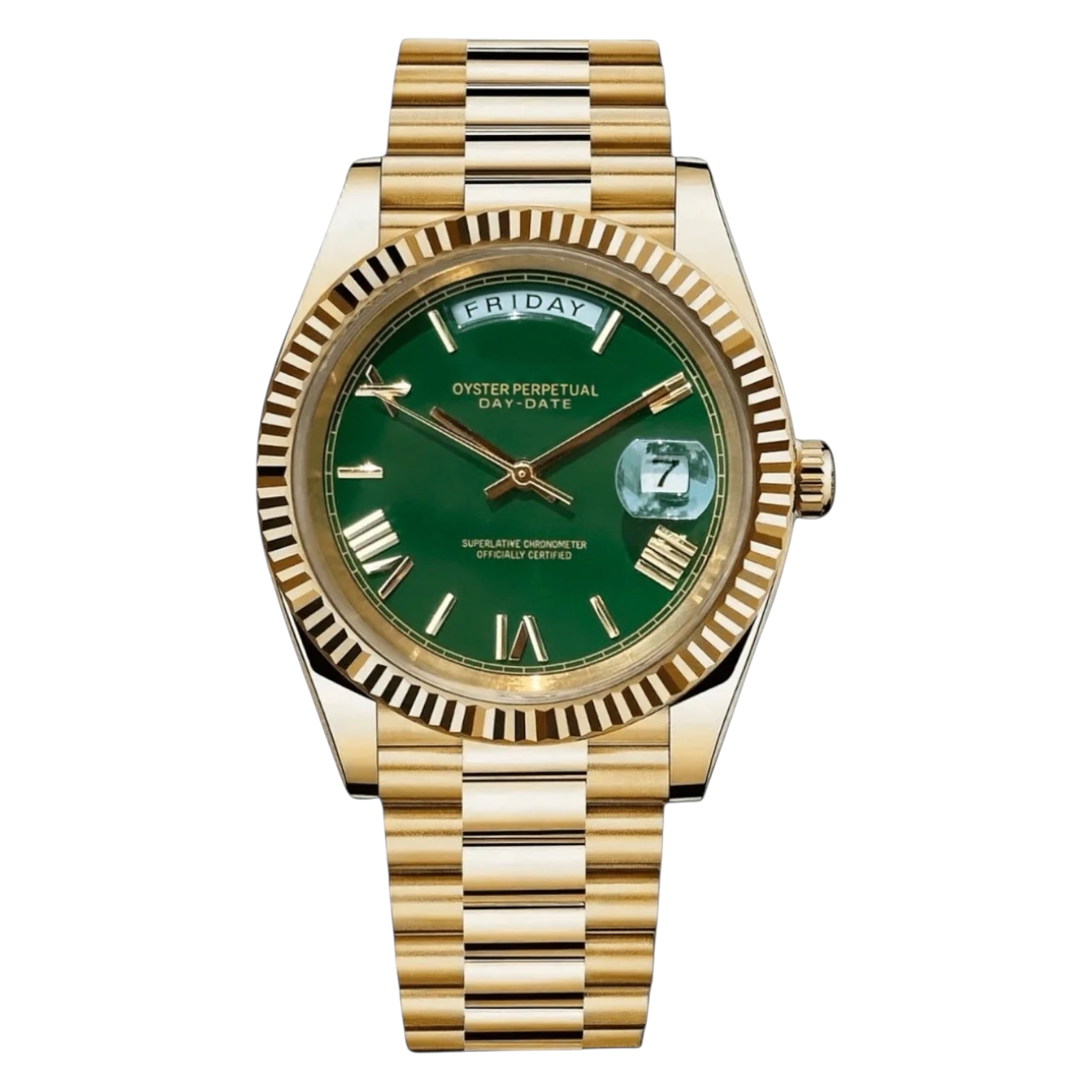 Montre Seiko mod SEIKODATE roman or verte, sur fond blanc — Time2Seiko