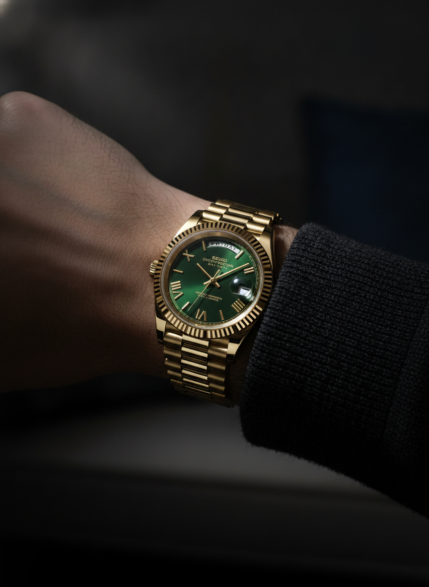 Montre Seiko Mod SEIKODATE roman or verte portée au poignet