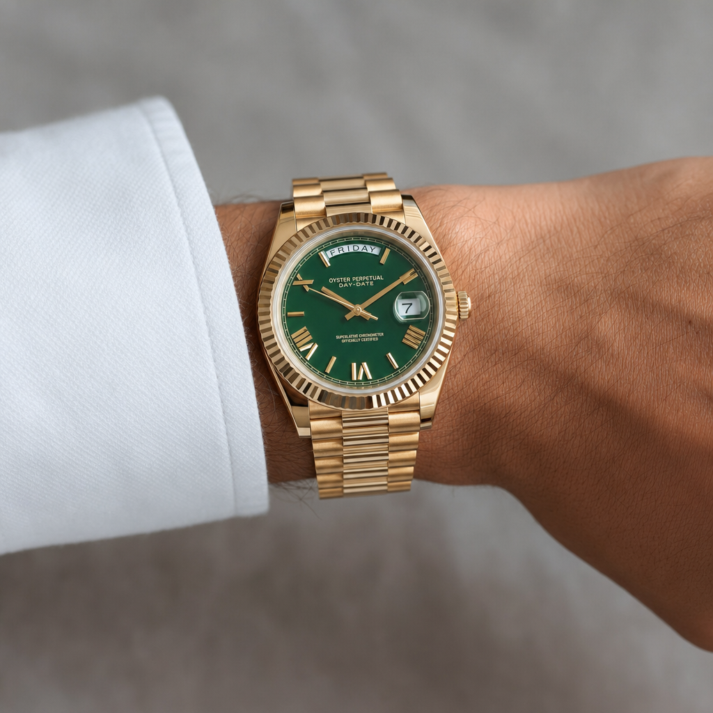 Montre Seiko mod SEIKODATE roman or verte portée au poignet — Time2Seiko