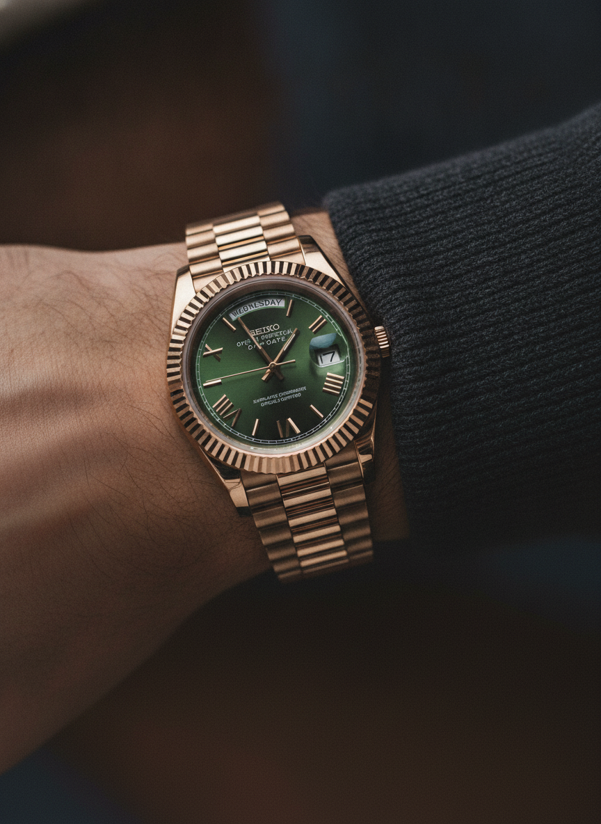 Montre Seiko Mod SEIKODATE rose olive portée au poignet