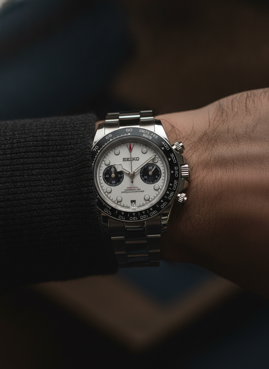 Montre Seiko Mod SEIKODOR chrono blanche portée au poignet