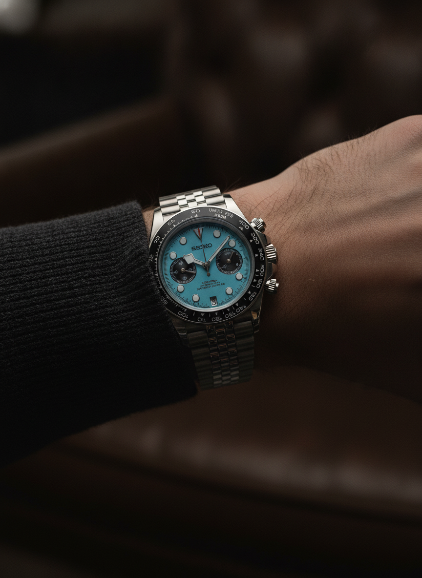 Montre Seiko Mod SEIKODOR chrono bleue portée au poignet