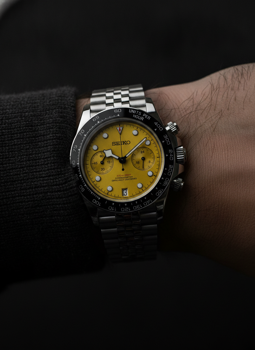 Montre Seiko Mod SEIKODOR chrono jaune portée au poignet