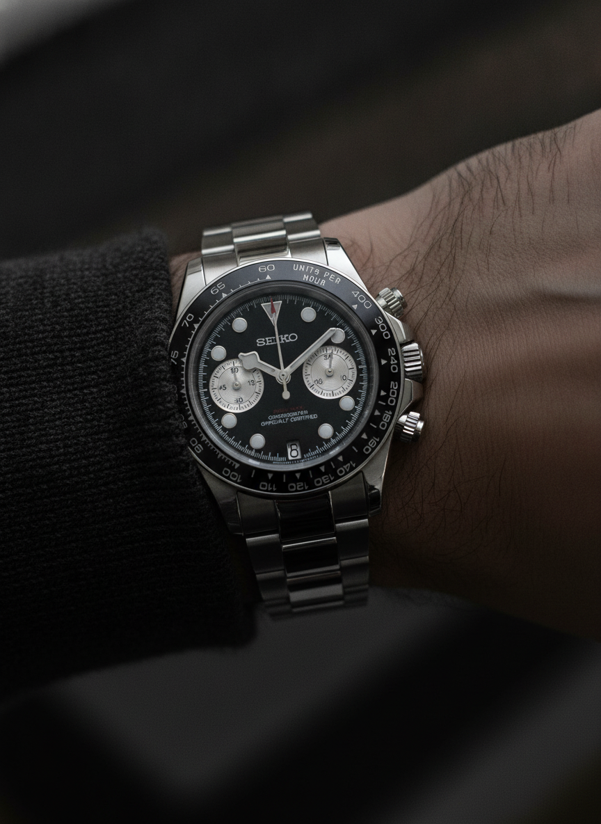 Montre Seiko Mod SEIKODOR chrono noire portée au poignet
